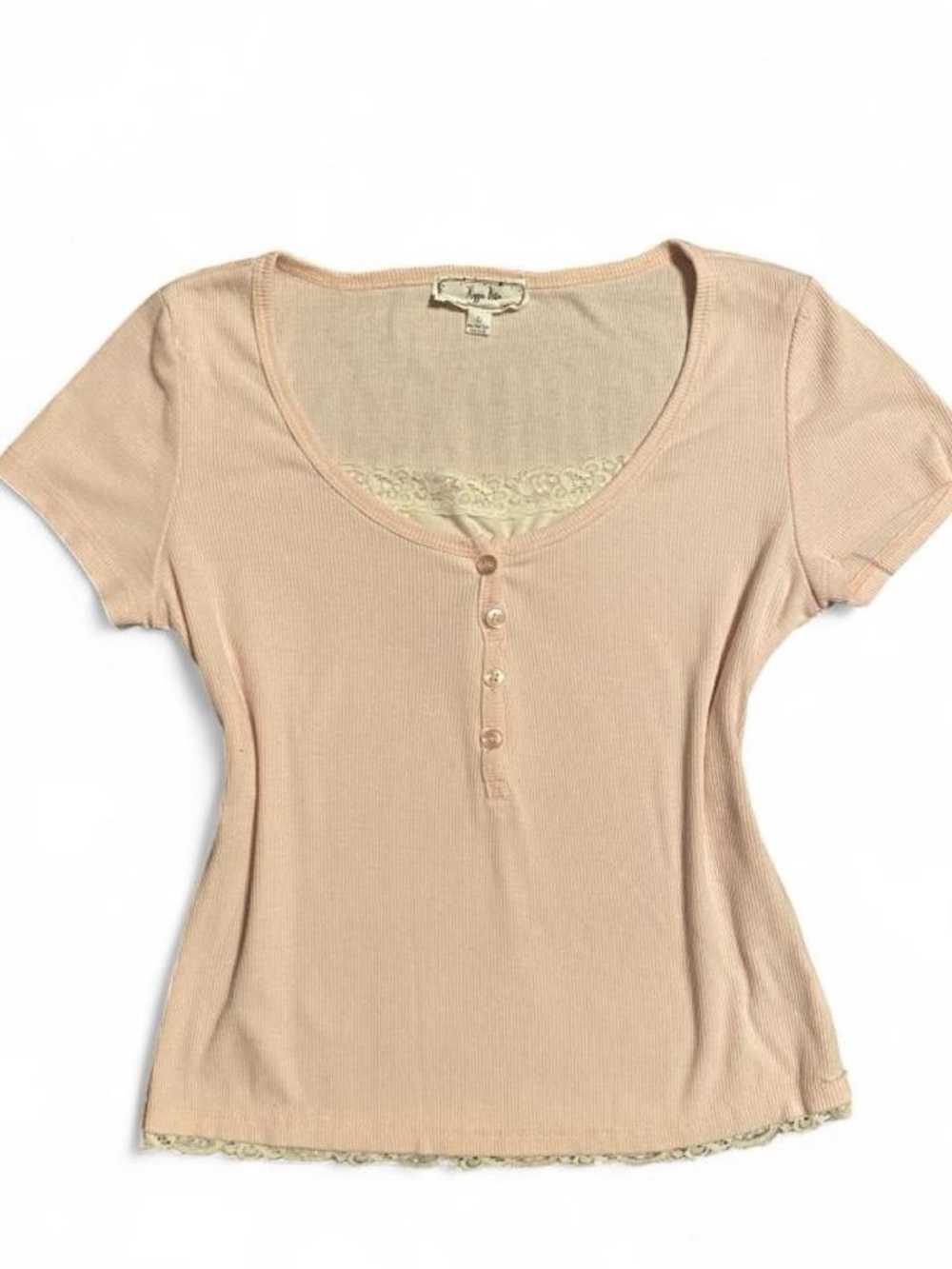 Hippie Rose Blush Pink Lace-Trim Henley Scoop Neck Tee